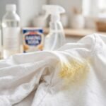 How to take off deodorant stains — yellow stain on white shirt with cleaning supplies
