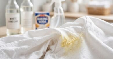 How to take off deodorant stains — yellow stain on white shirt with cleaning supplies