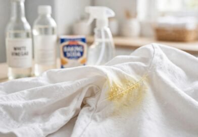 How to take off deodorant stains — yellow stain on white shirt with cleaning supplies