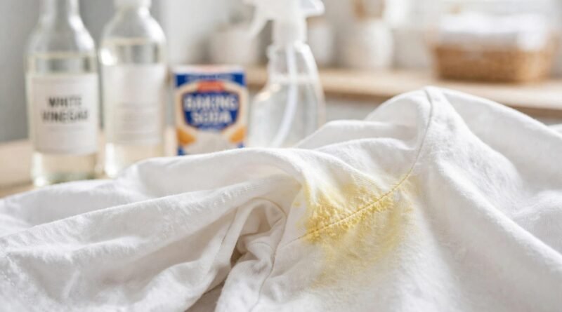 How to take off deodorant stains — yellow stain on white shirt with cleaning supplies