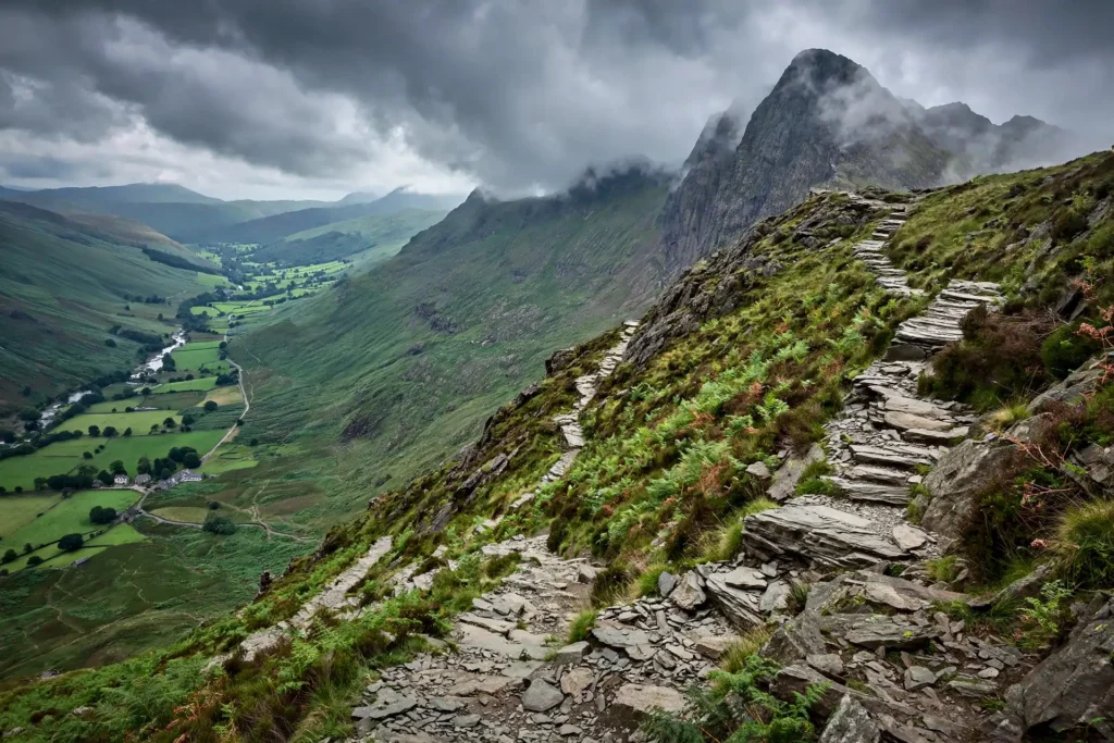 Dramatic view of Snowdon Yr Wyddfa with the Pyg Track trail winding up the mountainside