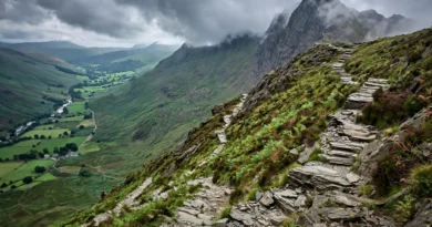 Dramatic view of Snowdon Yr Wyddfa with the Pyg Track trail winding up the mountainside