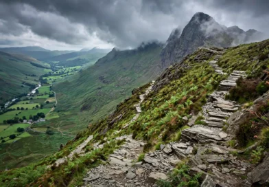 Dramatic view of Snowdon Yr Wyddfa with the Pyg Track trail winding up the mountainside