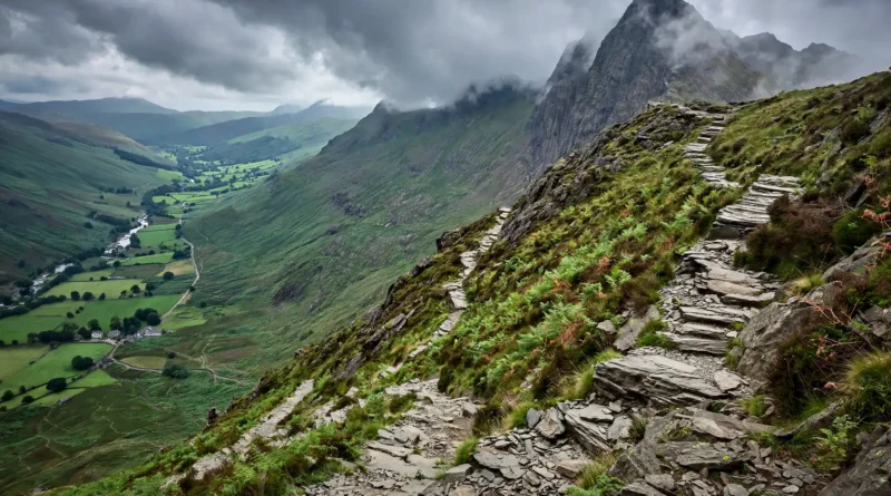 Dramatic view of Snowdon Yr Wyddfa with the Pyg Track trail winding up the mountainside