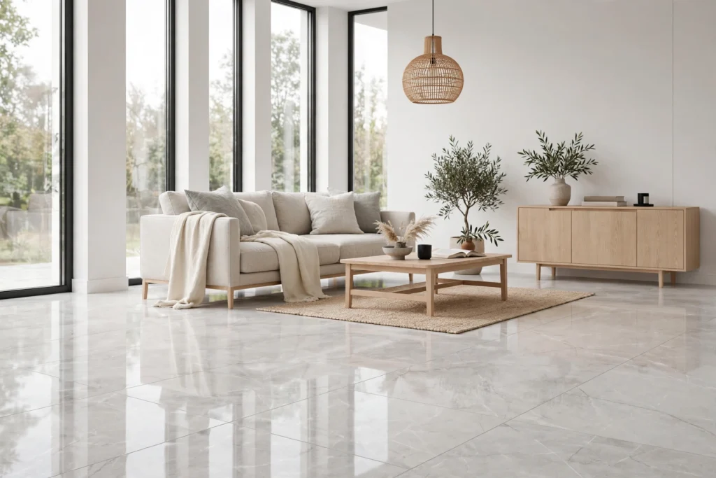 Large-format polished porcelain floor tiles in a modern living room