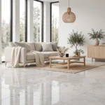 Large-format polished porcelain floor tiles in a modern living room