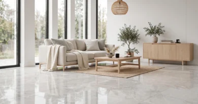 Large-format polished porcelain floor tiles in a modern living room