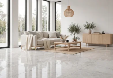 Large-format polished porcelain floor tiles in a modern living room