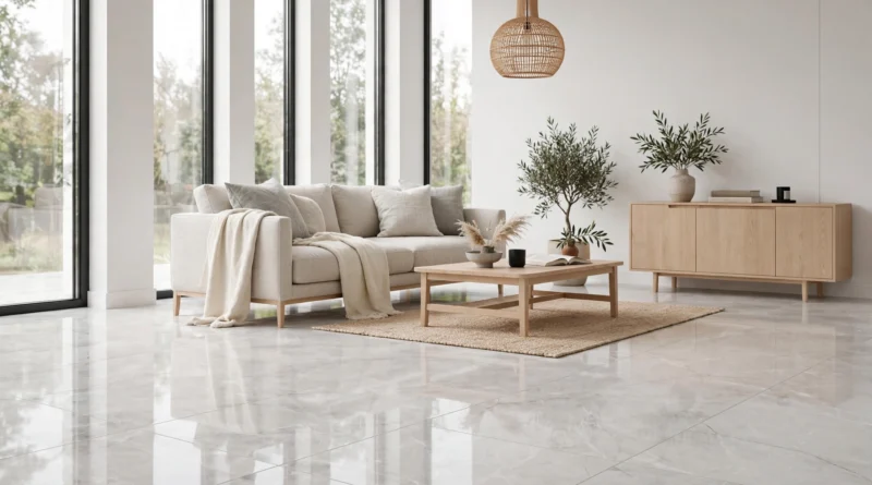Large-format polished porcelain floor tiles in a modern living room