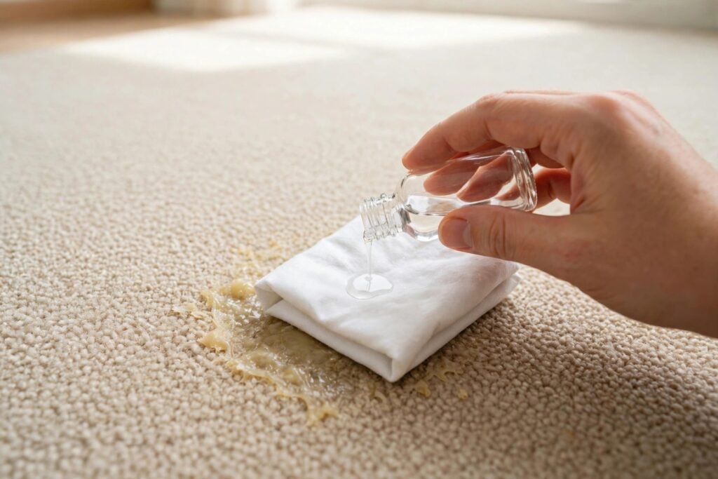 Dabbing rubbing alcohol onto carpet gum residue with a white cloth