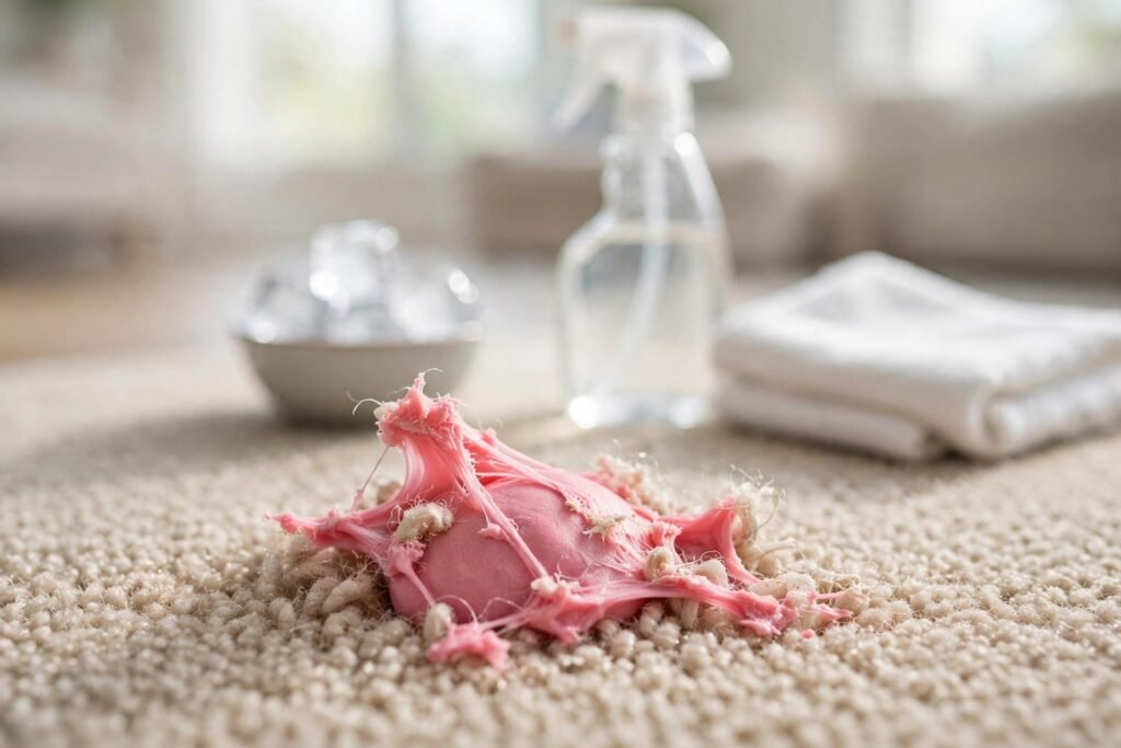 How to get chewing gum out of carpet — gum stuck in carpet fibres with cleaning supplies nearby