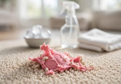 How to get chewing gum out of carpet — gum stuck in carpet fibres with cleaning supplies nearby