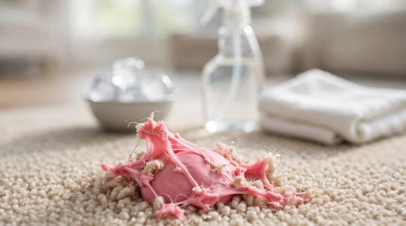 How to get chewing gum out of carpet — gum stuck in carpet fibres with cleaning supplies nearby