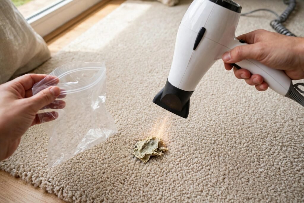 Hairdryer warming dried chewing gum stuck in carpet