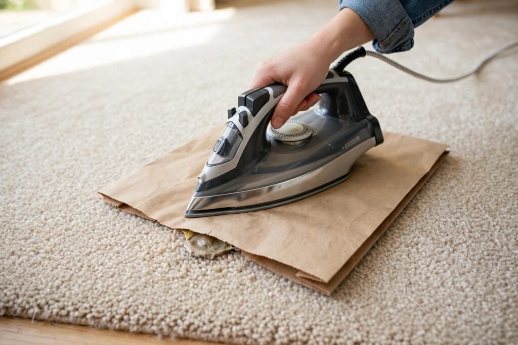 Iron pressing a brown paper bag over chewing gum on carpet
