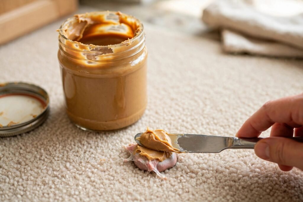 Creamy peanut butter being applied to chewing gum in carpet