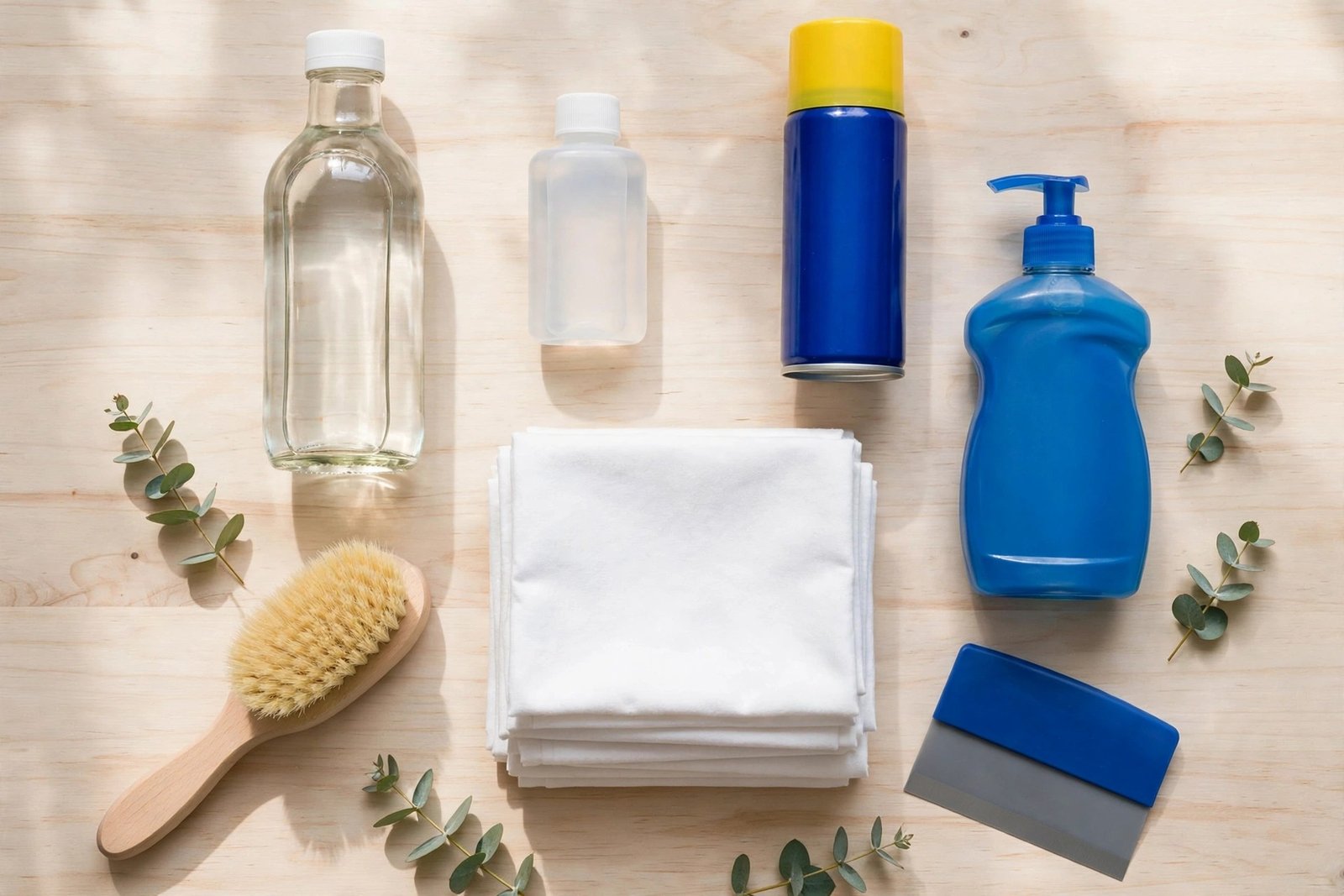 Carpet cleaning supplies: white vinegar, rubbing alcohol, WD-40, brush and cloths