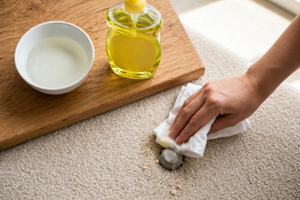 White vinegar and dish soap being dabbed onto chewing gum in carpet