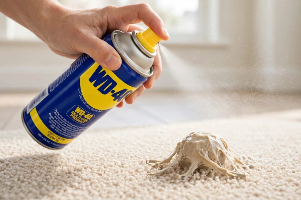 Spraying WD-40 onto chewing gum stuck in carpet fibres