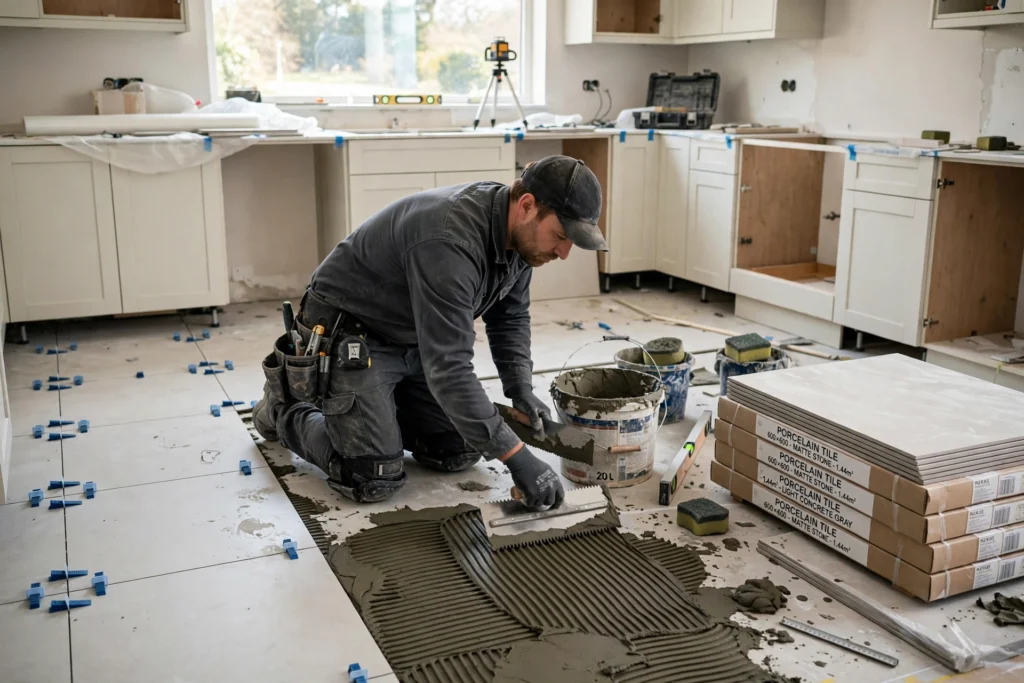 Professional tiler installing porcelain floor tiles in a kitchen