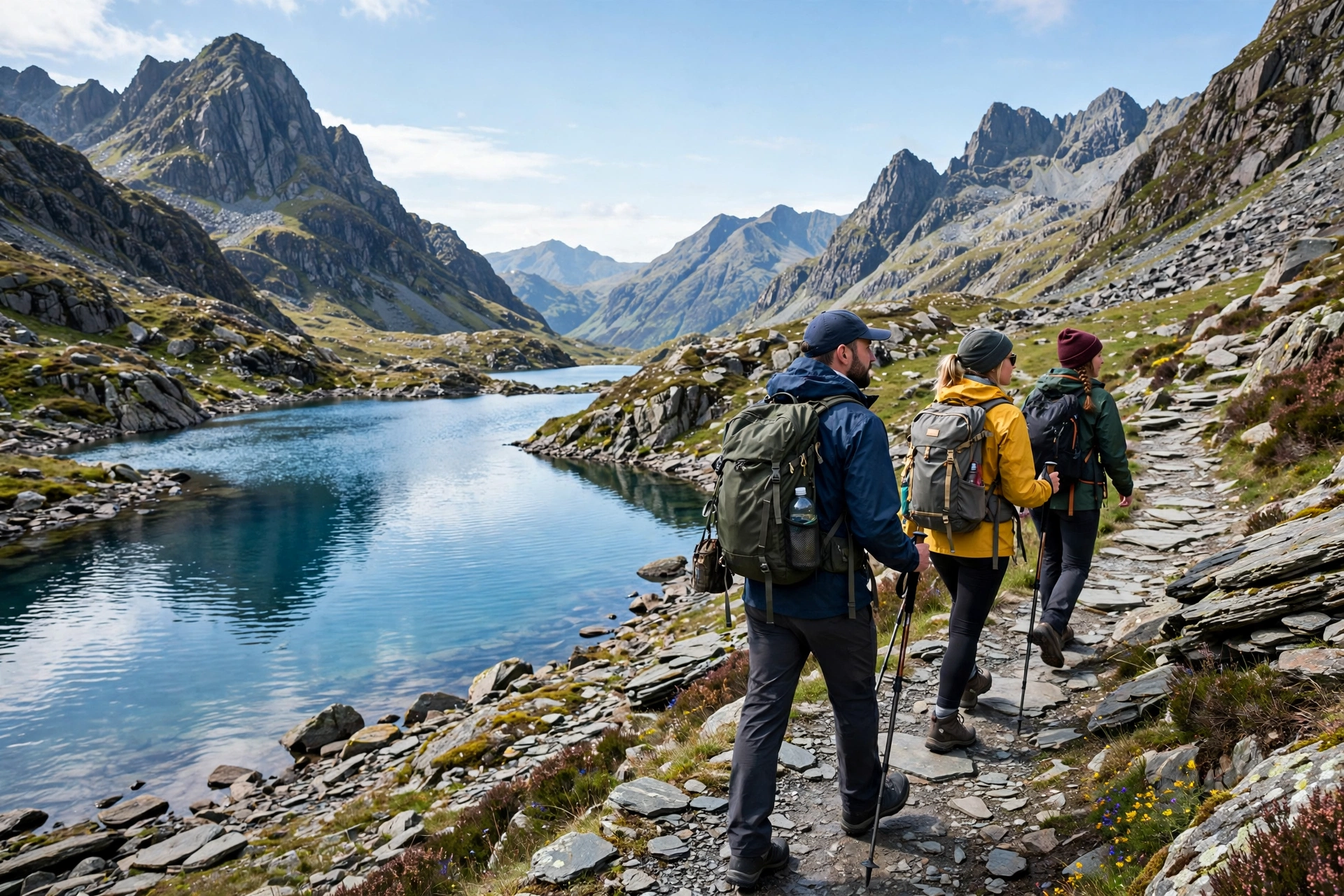 Hikers on the mountain path beside a glacial lake in Snowdonia