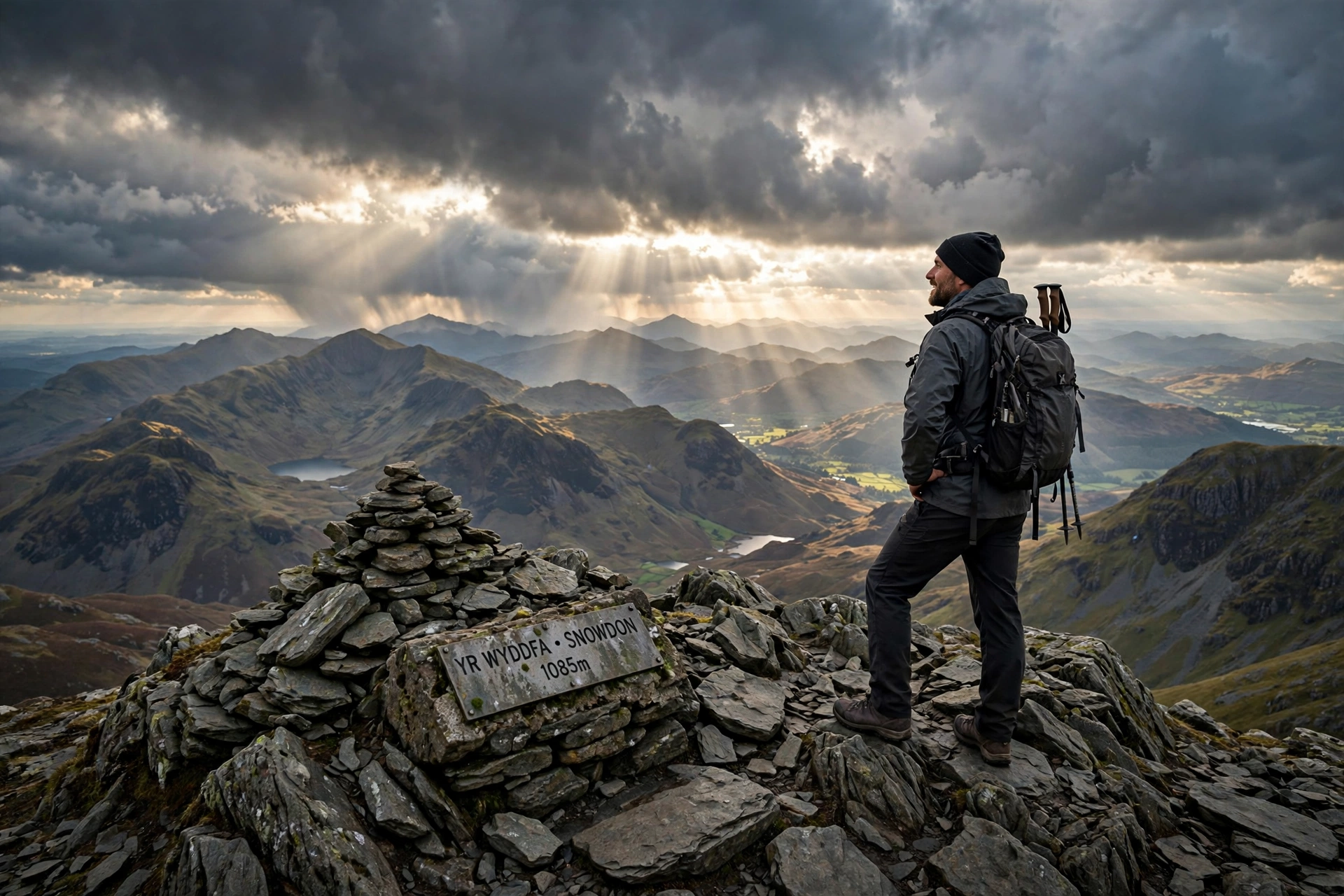 Hiker standing on the rocky summit of Snowdon with panoramic mountain views
