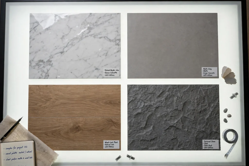 Porcelain floor tile samples in polished, matte, wood-look and textured finishes