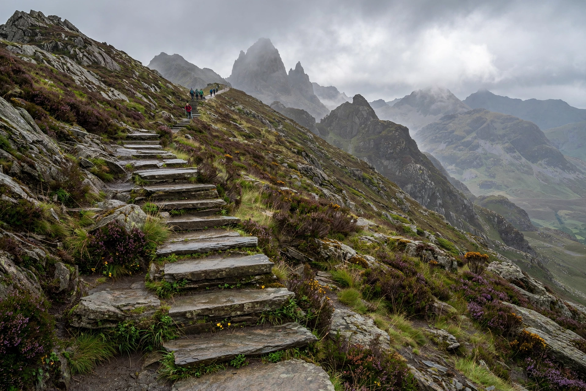 Rocky stepped section of the Pyg Track Snowdon trail climbing through rugged Welsh mountain terrain