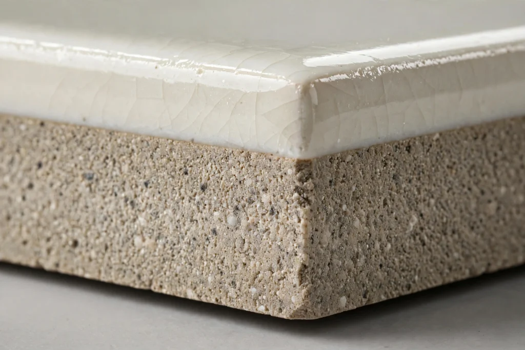 Close-up of a porcelain floor tile showing its dense glazed surface