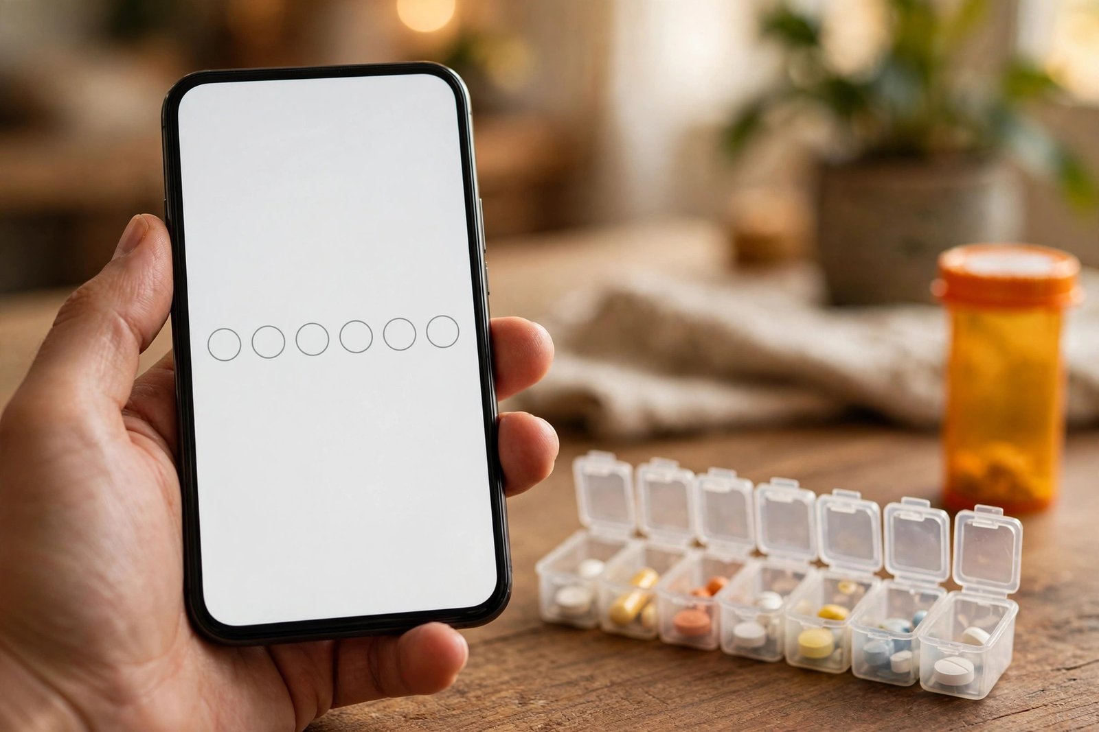 Meijer Rx Express app refill reminders on a smartphone with a weekly pill organizer