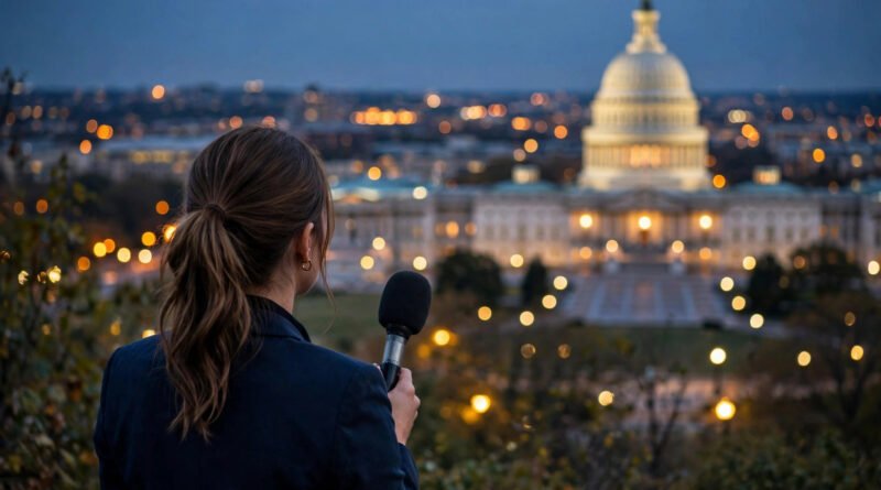 melanie zanona husband — female broadcast journalist with microphone facing the US Capitol at dusk
