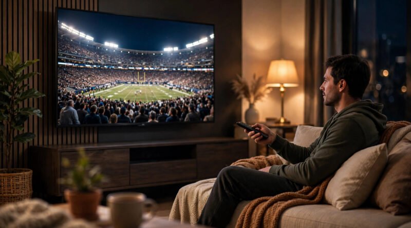 Man watching a live football game on a big TV at home — safe, legal sports streaming instead of MethStreams