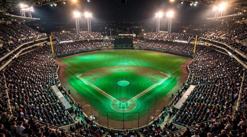 Night baseball stadium packed with fans under floodlights during Mexico vs USA baseball rivalry game
