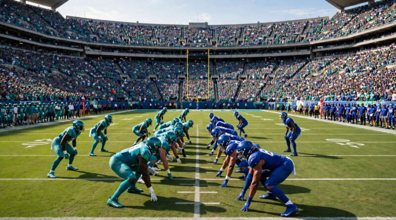Packed American football stadium with teams lined up at the line of scrimmage for Miami Dolphins vs Buffalo Bills match player stats
