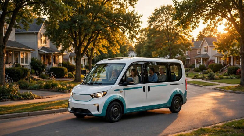 Microtransit shuttle van driving through a suburban neighborhood at sunset