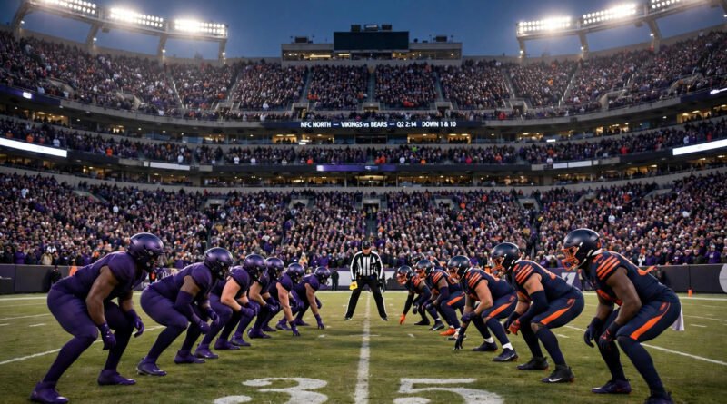 Minnesota Vikings and Chicago Bears players facing off at the line of scrimmage in a packed NFL stadium at night