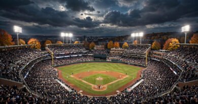 Night view of a packed stadium during the MLB Fall Classic 2025 World Series