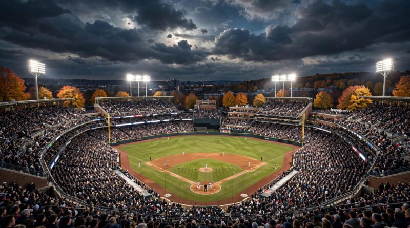 Night view of a packed stadium during the MLB Fall Classic 2025 World Series