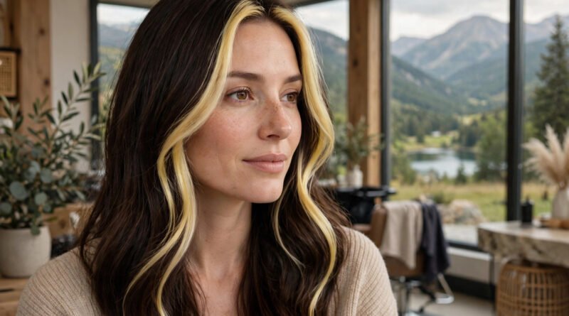 Woman with long dark brown hair and blonde money piece face-framing highlights