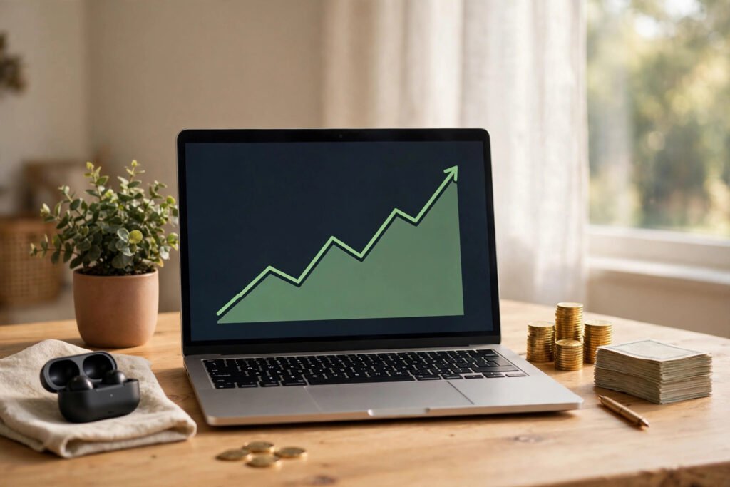 Laptop with a rising earnings chart, coins and cash on a desk — making money online with Money6x.com