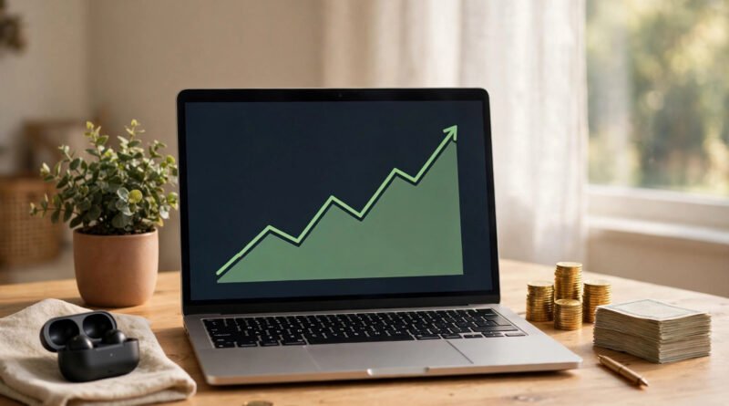 Laptop with a rising earnings chart, coins and cash on a desk — making money online with Money6x.com
