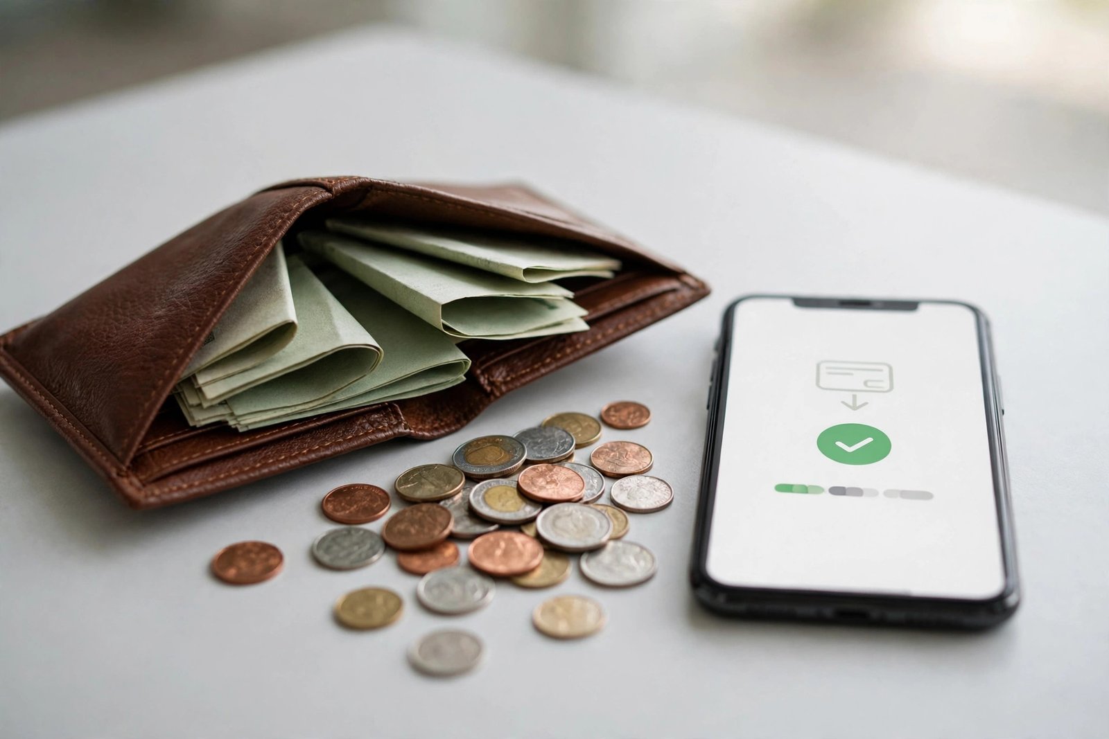 Wallet, smartphone and cash representing online payouts and withdrawals