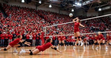 Nebraska volleyball match in a packed arena with fans in red cheering during a rally