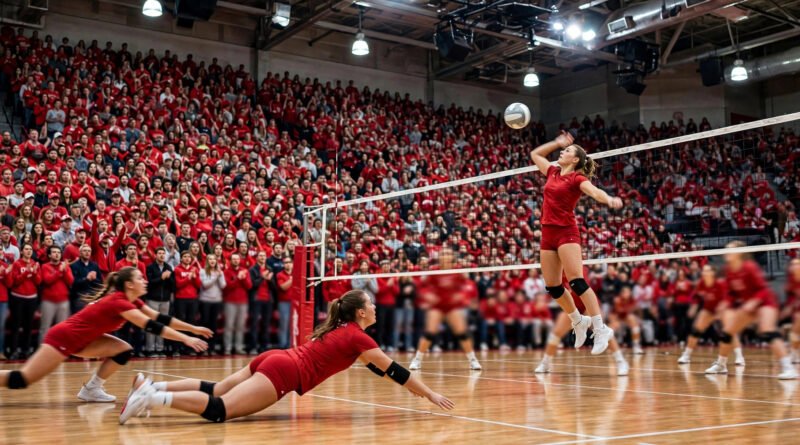 Nebraska volleyball match in a packed arena with fans in red cheering during a rally