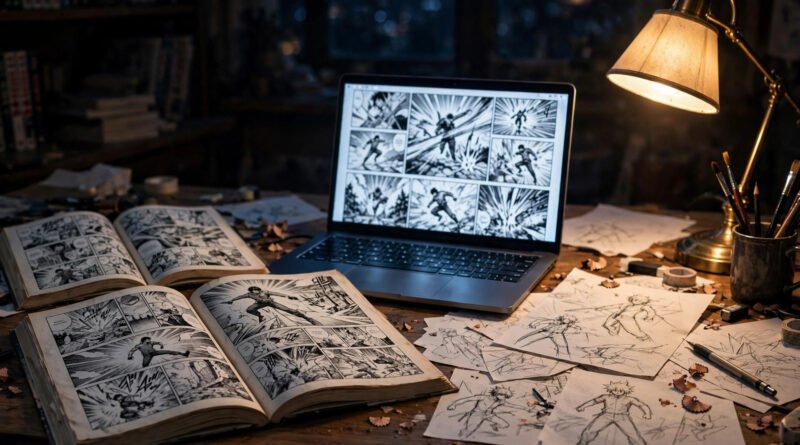 Olympus Scanlation fan translation studio with manga pages and laptop