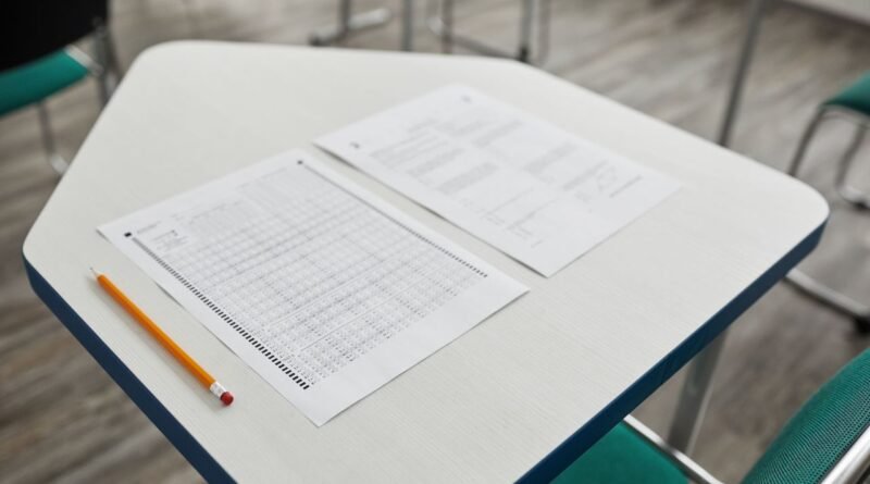 what is a 14 out of 20 — close-up of an exam paper and pencil on a classroom desk