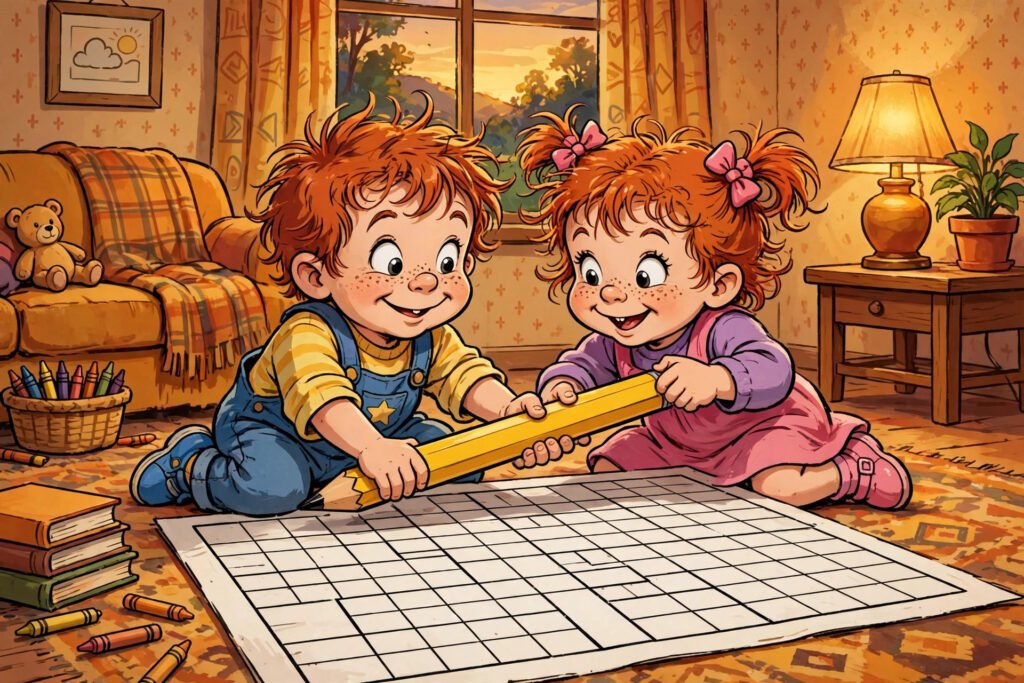 Cartoon twin toddlers solving the Phil or Lil of Rugrats crossword clue with a giant crossword puzzle