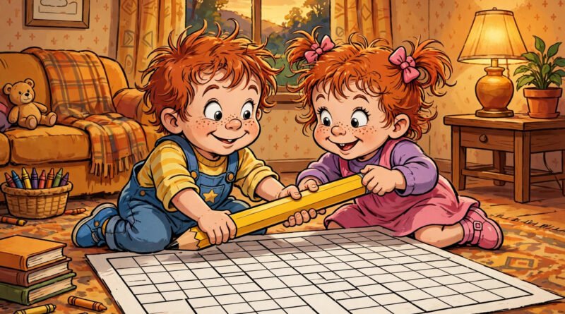 Cartoon twin toddlers solving the Phil or Lil of Rugrats crossword clue with a giant crossword puzzle