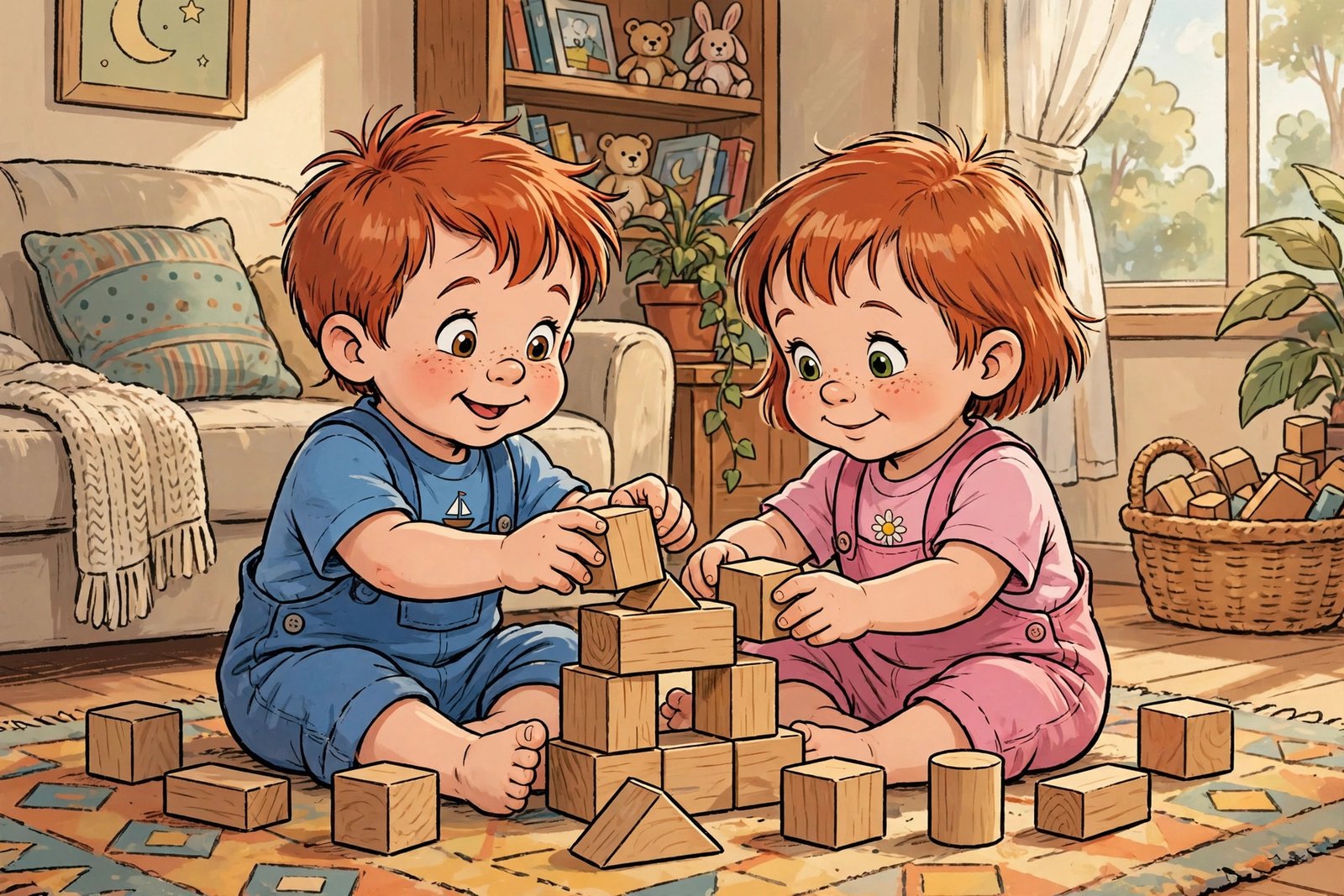 Phil and Lil DeVille, the fraternal twins from Rugrats, playing together with building blocks