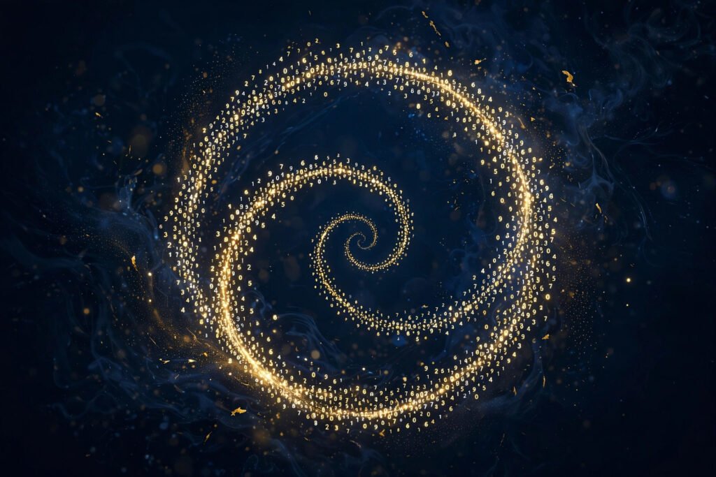 Abstract artwork of pi's endless digits spiraling into a glowing circle, illustrating the pi123 hunt